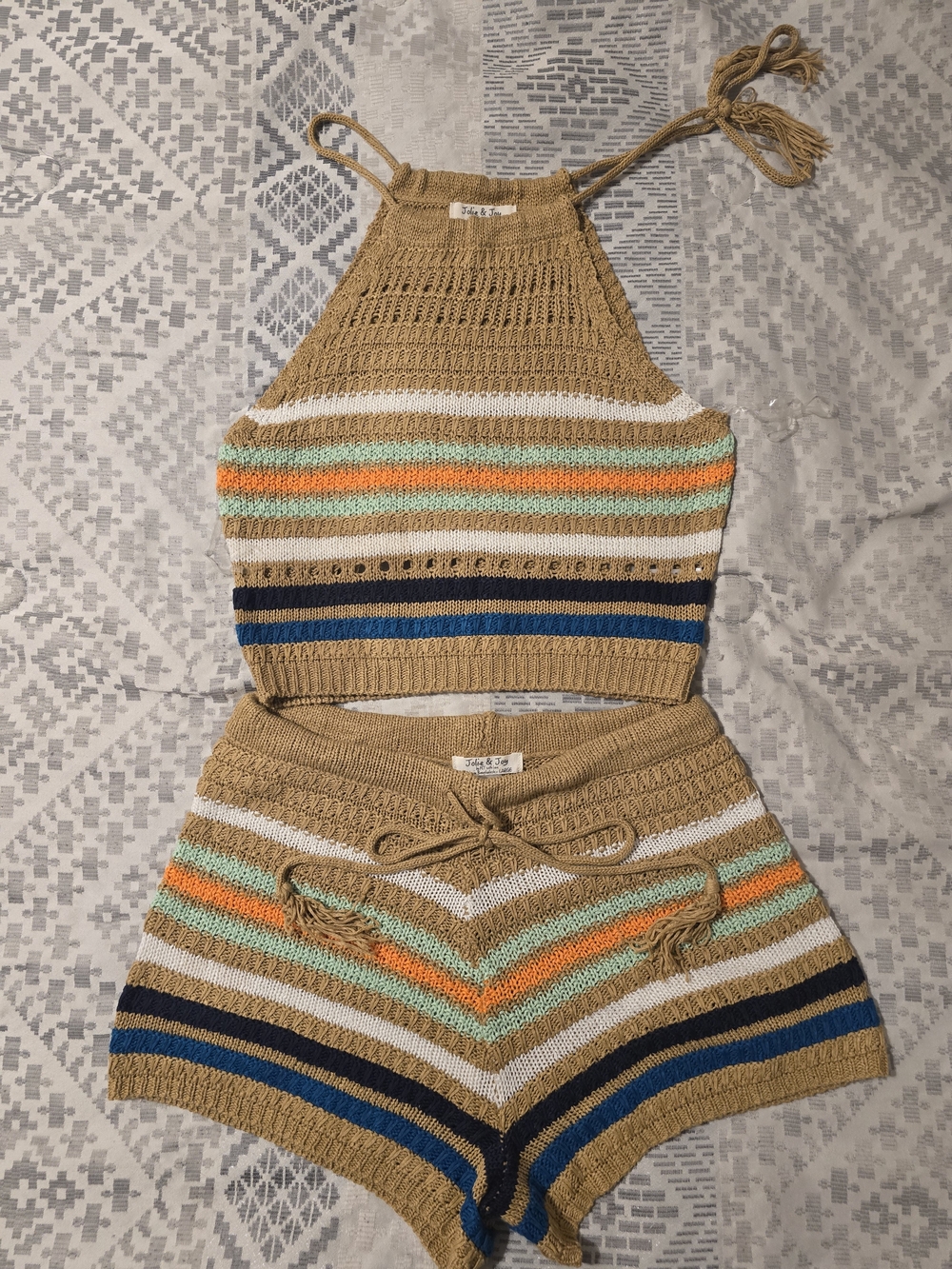 Knitted Stripe Halter Coverup Set - Tan with Multicolor Stripes